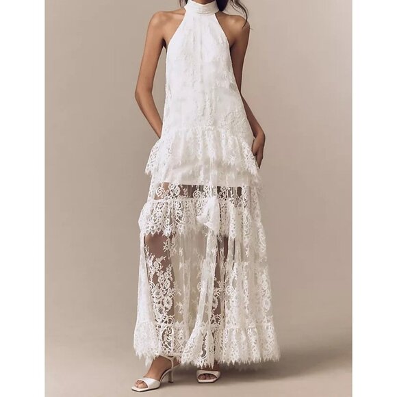Anthropologie Dresses & Skirts - BHLDN Lace Halter Ruffle Peekaboo Maxi Dress Wedding Whimsical Romantic Womens S